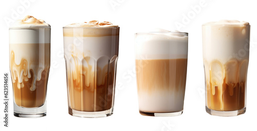 Fotografia Four different latte macchiato, isolated, white background, generative ai