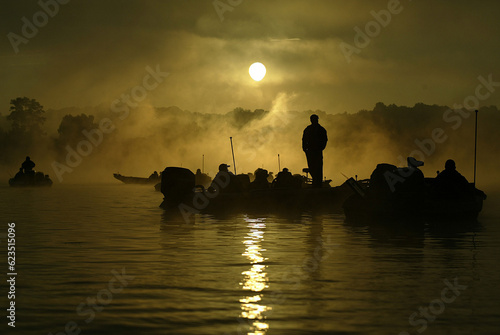 Lake Wylie, SC - SEPTEMBER 03: Anglers get ready to takeoff from the Buster Boyd Landing on Saturday morning after the fog had lifted. The South Carolina Division of the $8.8 million Wal-Mart Bass Fis photo