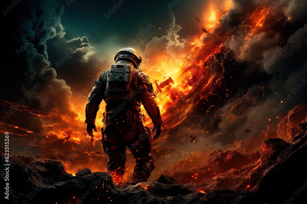 An astronaut walks on an uncharted planet among stones and fire. Exploration of other worlds and search for extraterrestrial civilizations. Space exploration concept. AI generation