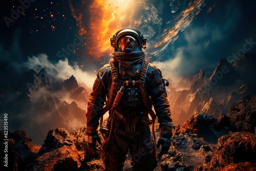 Portrait of an astronaut in a spacesuit against the background of the intergalactic sky. Exploration of other worlds and search for extraterrestrial civilizations. . AI generation