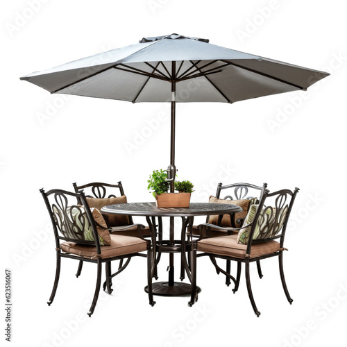 Garden metal dining set with umbrella isolated on transparent background. Generative AI