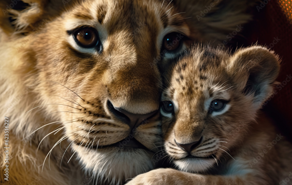 portrait of a lion and a cub created with Generative AI technology