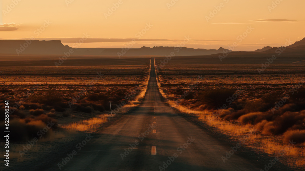 Straight road in desert at sunset. Generative AI