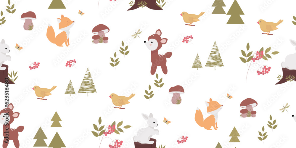 Seamless children's pattern with a fox and a deer surrounded by fir trees. Perfect for wallpaper and textile printing