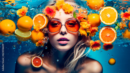 Beautiful Girl Floating On Water With Fresh Tropical Fruits. Resort, spa concept. Generative AI