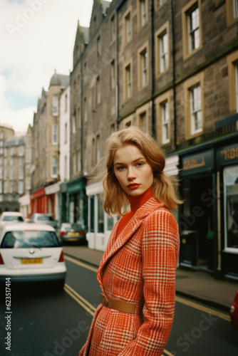 portrait of a woman/model/actress/book character in a city setting resembling edinburgh scotland in a fashion/beauty editorial magazine style film photography look - generative ai art