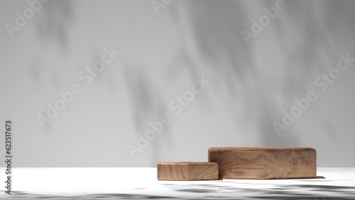 Two minimal modern wooden podium with leaf shadow on concrete wall background for beauty, organic, product display