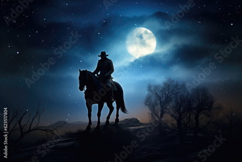 A man riding on the back of a horse under a full moon. Generative AI.