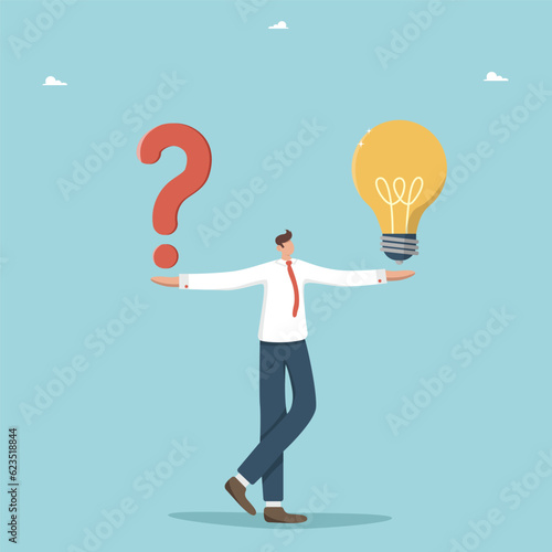 Brainstorming to solve business problems, creativity and intelligence to create new ideas and opportunities, thought process and logic to achieve goals, man holds question mark and light bulb in hands