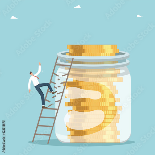 High riskiness of investments, loss of funds, decrease in business value, loss of profit from shares company and deposits, financial and economic collapse, man falls stairs leading to jar with coins.