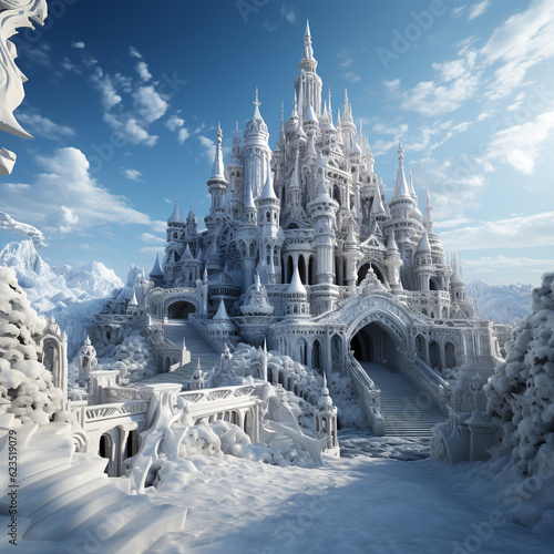 A magical ice and snowy castle with fantasy design. The tallest tower in the middle and a path that leads directly to the main entrance of the palace. 