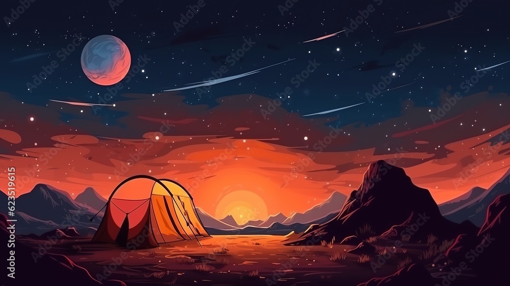 Cartoon comics style Image of a beautiful landscape with a camp with a tent at sunset. Generated ai. Cartoon comics style Image of a beautiful landscape with a camp with a tent at sunset. Generated ai.