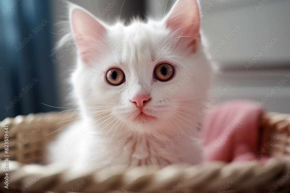 Cute young white kitten in a basket. Generated ai.