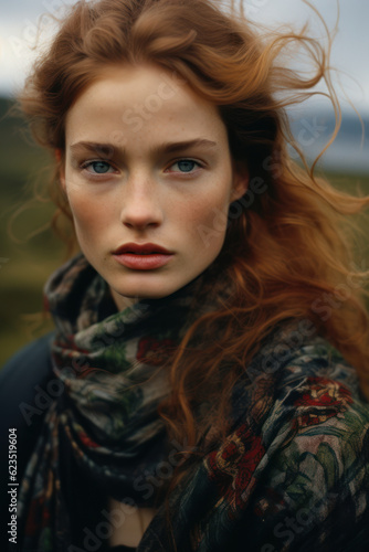 portrait of a woman/model/book character with Scottish features red curly hair in nature meadow highlands in a fashion/beauty editorial magazine style film photography look - generative ai art