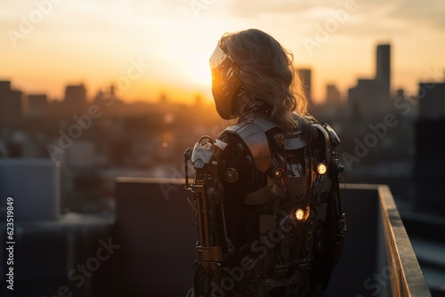 Woman robot looking at a city on a sunset. Veiw from the back. Sci fi. Generated ai.