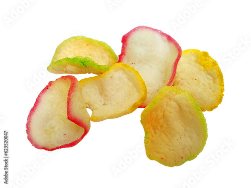 Set of Kerupuk bawang or kerupuk warna warni isolated on white background. Top view with clipping path. Indonesian traditional colorful crakers or chips.  photo