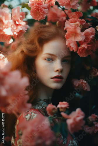 portrait of a woman/model/book character surrounded by flowers in warm daylight with a thoughtful expression in a fashion/beauty editorial magazine style film photography look - generative ai art © MaryAnn