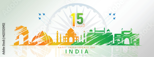 15 th August Indian Independence Day banner template design with Indian flag, Ashoka Chakra and silhouette of Indian monument.