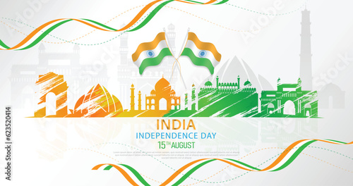 15 th August Indian Independence Day banner template design with Indian flag, Ashoka Chakra and silhouette of Indian monument.