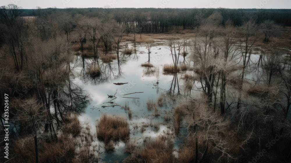 Swamp, river and trees seen from above. Generative AI