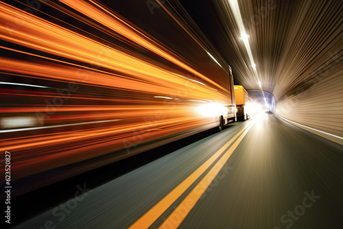 Trucks on highway, street in night time. Motion blur, light trails. Transportation, logistic. Timelapse, hyperlapse of transportation. Abstract soft glowing lines. Ai generative