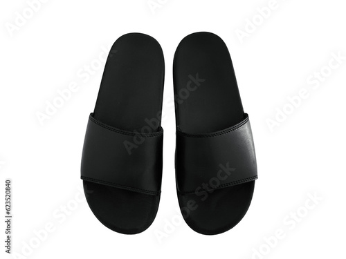 Black slip on slippers sandals isolated on white background. Blank, no label, mock up for your design logo. Basic pair of open toe slide sandals for man, woman, children.