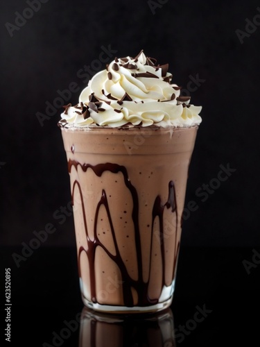 Chocolate milkshake with whipped cream on the dark background