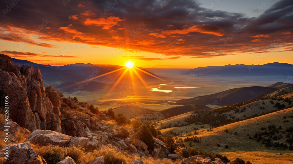 A breathtaking landscape photograph capturing a vibrant sunset over a serene mountain range Generative AI