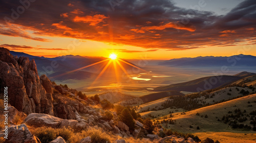 A breathtaking landscape photograph capturing a vibrant sunset over a serene mountain range Generative AI