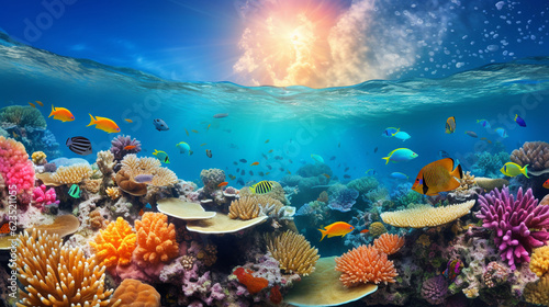 A stunning underwater image of a coral reef teeming with vibrant marine life, showcasing the wonders of the ocean Generative AI