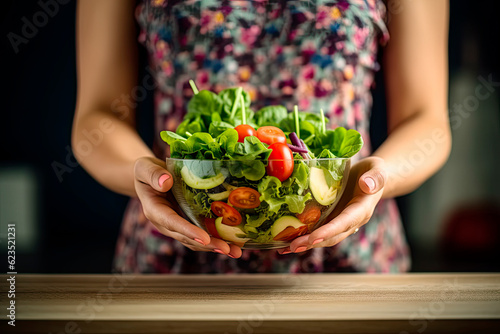 A young girl holds in her hands a glass bowl full of fresh salad. 