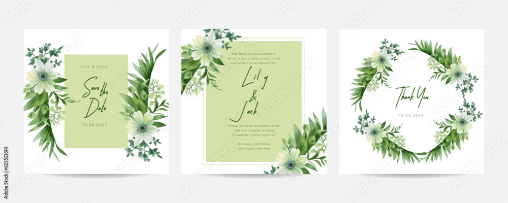 Wedding invitation card template set with white jasmine floral and watercolor background. Garden theme wedding card invitation.