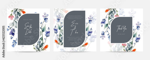 Bridal shower invitation with purple eucalyptus flower ornament watercolor background. Garden theme wedding invitation card.