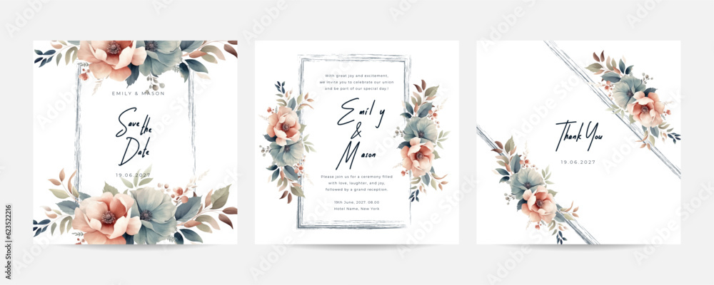 Wedding invitation template with watercolor nude roses flower set. Romantic style vector illustration design.