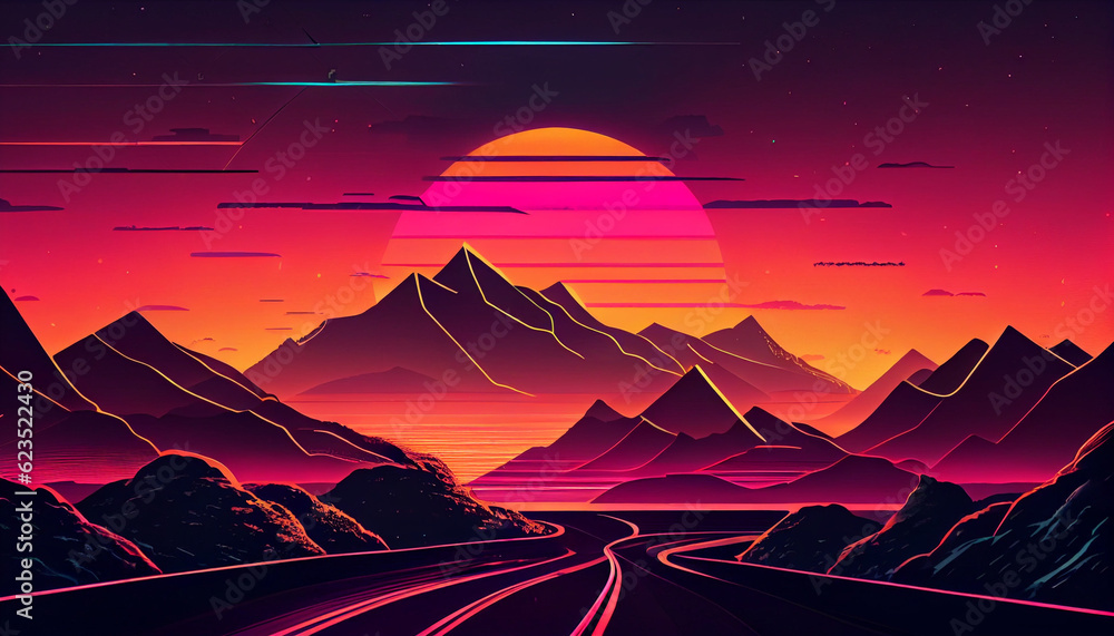 Landscape with mountains, Trendy neon synth wave background with sunset sky, road and mountains, retro abstract background. Retro wave scene Ai generated image
