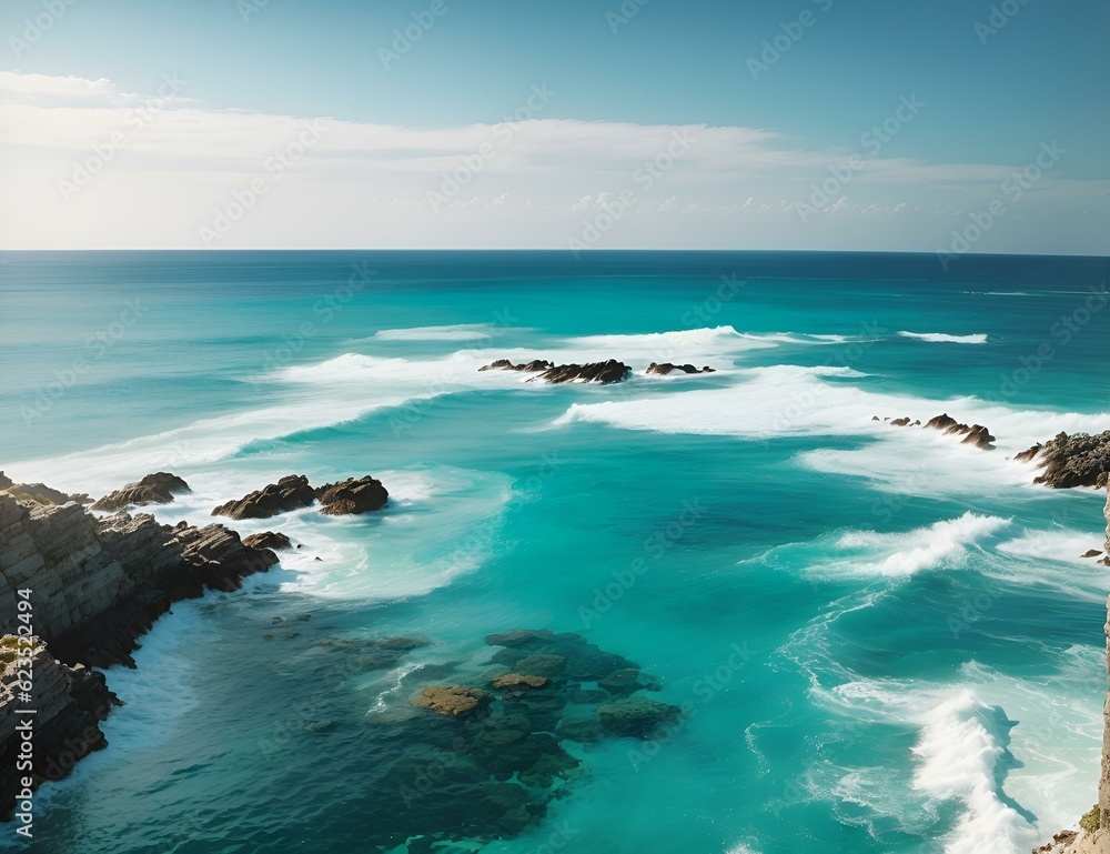 Summer Escapade: Waves, Surf, and Sunshine in a Tropical Seascape,  seascape with rocks and sea