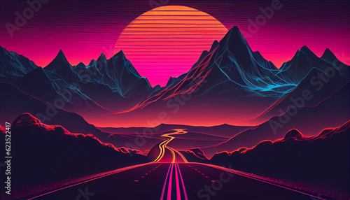 Stampa su tela Landscape with mountains, Trendy neon synth wave background with sunset sky, road and mountains, retro abstract background