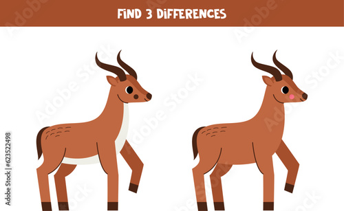 Find three differences between two pictures of cute antelope. Game for kids.
