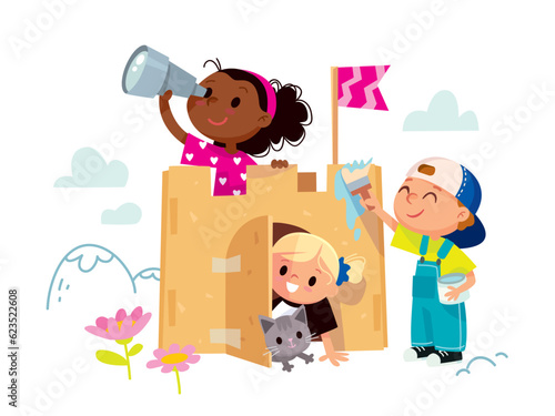 Kids play together. Children with a cardboard or sand castle. Girls and boy create sand castle. Happy creative kids spare time together.