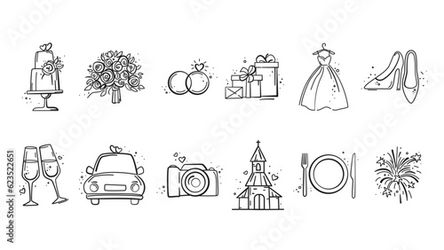 Hand Drawn Marriage Icons Set. Wedding, bride, love, celebration. Timeline menu on wedding theme. Vector wedding illustrations for invitations, greeting cards, posters