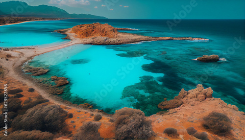 View of the sea from the beach. View from above of Elafonissi beach in Crete, Greece Ai generated image © PixxStudio