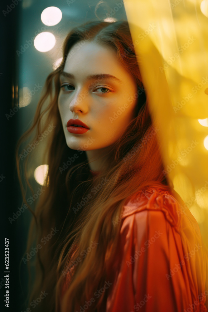 portrait of a woman/model/book character in an illuminated urban setting at night with lights in a fashion/beauty editorial magazine style film photography look - generative ai art portrait of a woman/model/book character in an illuminated urban setting at night with lights in a fashion/beauty editorial magazine style film photography look - generative ai art