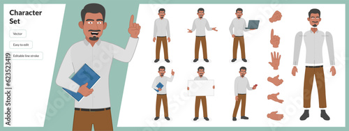 Illustration of Latin American business man with beard, in a set of multiple poses. Easy to edit with editable line strokes and isolated on white background. Suitable for animation.