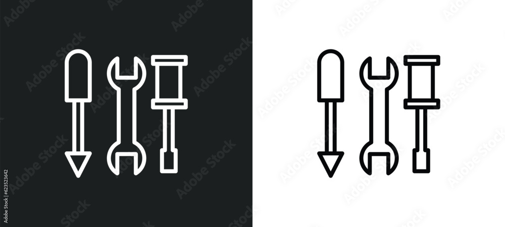 three tools icon isolated in white and black colors. three tools outline vector icon from construction collection for web, mobile apps and ui. three tools icon isolated in white and black colors. three tools outline vector icon from construction collection for web, mobile apps and ui.