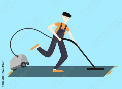 Fast cleaning service. Illustration of worker hoovering carpet with vacuum cleaner on light blue background