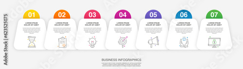 Infographics labels vector options template with seven steps and icons. The modern template can be used for workflow layout, banners, diagrams, business options, projects, web design, marketing