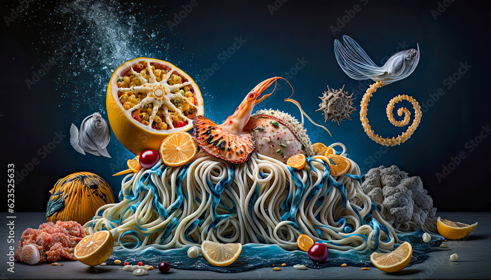 Spaghetti with seafood on a dark background - Generative AI