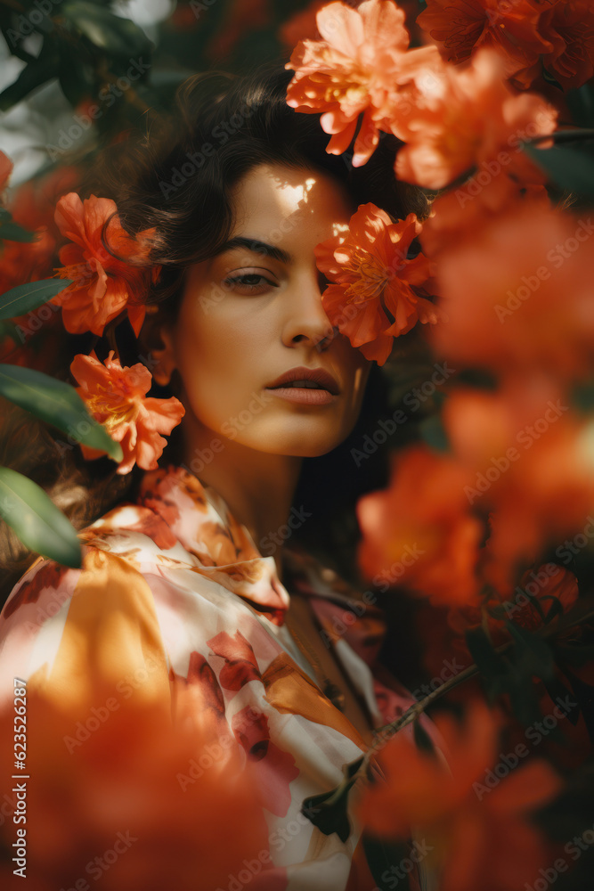 portrait of a woman/model/book character surrounded by flowers in warm daylight with a thoughtful expression in a fashion/beauty editorial magazine style film photography look - generative ai art
