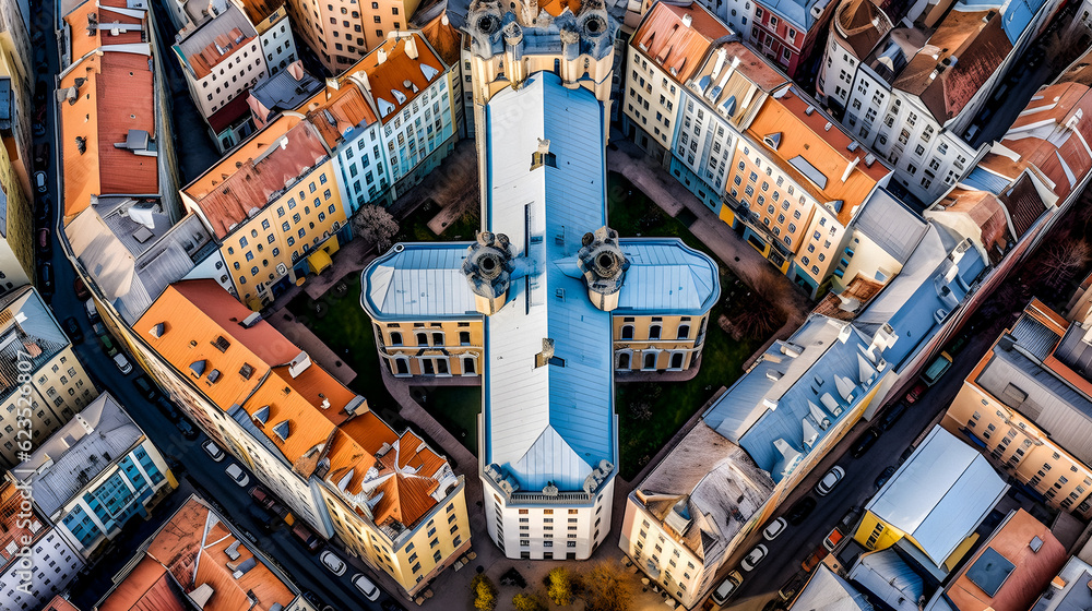 Obraz na płótnie Symmetrical Aerial View of Vilnius-inspired Town - generative ai w salonie