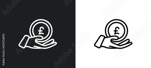 pound coin on hands icon isolated in white and black colors. pound coin on hands outline vector icon from business collection for web, mobile apps and ui.